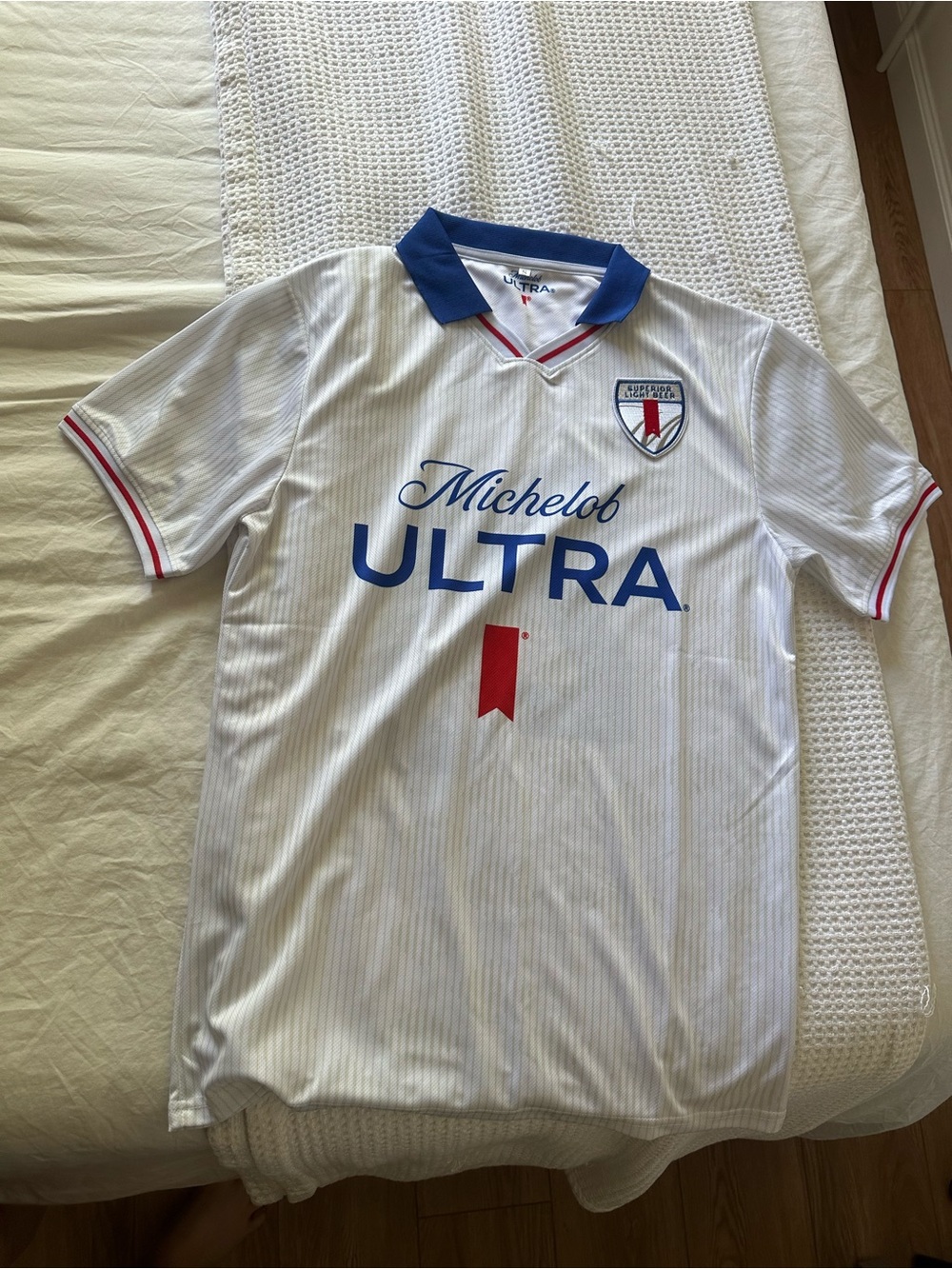 Michelob Ultra White Soccer Jersey with Blue Collar fifa World Cup